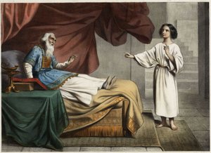 Samuel, som hører stemmen til Herren som kaller ham midt på natten, tror at dette er hans mentor ypperstepresten Eli (Heli). Anonym gravering fra midten av 1800-tallet. av Unknown artist