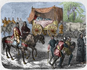 Scene som skildrer de late kongene: Kongen av Frankrike Thierry III (673-691) bærer i en tank med en seng trukket av okser. av Unknown artist