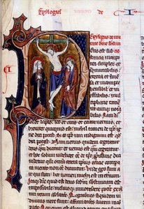 Korsfestelsesscene i et brevhode (bokstav D). Minityr i "" Speculum historiale"" av Vincent De Beauvais (1100-tallet) av Unknown artist