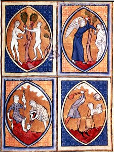 Scener fra Bibelen avbildet i mandorles. Opp Adam og Eva plukker den forbudte frukten, og jakter deretter fra himmelen. Der nede arbeider Adam jorden og Eva gir ullen, Kain og Abel. Miniatyr fra et manuskript fra 1200-tallet. Porto, kommunalt bibliotek av Unknown artist