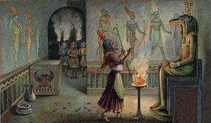 Scenes of Missing Kingdoms: Funeral Ceremonies in Egyptian Mausolees. The regaining pharaoh, who in his capacity as high priest of worship, was in charge of the sacrifices in honor of his predecessors, is specifically occupied as an officer before the god  av Unknown artist