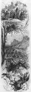 Scener av kamper. Louis XI ga et halskjede til Raoul de Lannoi (1481), Combat de Therouanne (1480) og Marie de Bourgogne skadet av et fall av en hest (1482). Gravering av 1800-tallet. av Unknown artist