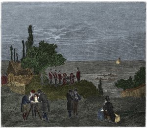 Vitenskapelig eksperiment: beregningen av lydens hastighet, av Humboldt, Louis-Joseph Gay-Lussac (Louis Joseph Gay Lussac), Bouvard, Prony og Mathieu, som bestemmer tiden som går mellom oppfattelsen av lys og det til et våpenskudd, på natten av Unknown artist