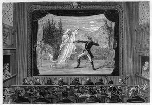 Vitenskapelige viser: levende spektre. Opplev spektra på teaterscenen. En komiker kjemper mot et spøkelse. Gravering i "" La Nature"" av Unknown artist