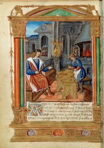 Skulptur: en mester kontrollerer arbeidet til lærlingen sin, og skulpturerer en ørn. Miniatyr fra "" Roman de Theseus de Cologne et de Godifer"" Paris fra 1500-tallet, B.N. av Unknown artist