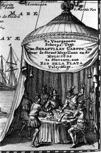 Sebastiano Caboto (Sebastien Cabot) representerer på patronen til et navigasjonskart med andre navigatører. Begynnelsen av 1600-tallet. av Unknown artist