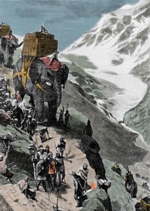 Andre puniske krig. Hæren til Hannibal Barca krysser Alpene, 218 f.Kr. Italiensk gravering fra 1800-tallet. av Unknown artist