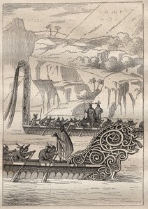 Second voyage (1772-1775) by Captain James Cook (1728-1779): Neo-Zelandans war canoes (Neo Zelandaises) - illustration taken from “” The Great Mariners of the 18th century”” av Unknown artist