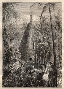 Andre reise (1772-1775) av kaptein James Cook (1728-1779): tradisjonelt sirkulært hus, på taket av en betydelig høyde (Ny-Caledonia) - illustrasjon hentet fra "The Great Mariners of the 18th century"" av Unknown artist