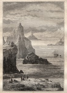 Andre reise (1772-1775) av kaptein James Cook (1728-1779): utsikt over Noel-kanalen, Terre de Fuego - illustrasjon hentet fra "The Great Mariners of the 18th century"" av Unknown artist