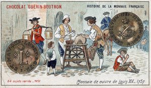 Serien History of the French Currency utgitt av Chocolat Guérin Boutron. 1800-talls kromolitografi. Kobbermynt av Louis XV i 1757 av Unknown artist