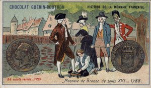 Serien History of the French Currency utgitt av Chocolat Guérin Boutron. 1800-talls kromolitografi. Bronsemynt av Louis XVI i 1788 av Unknown artist