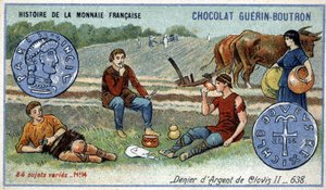 Serien History of the French Currency utgitt av Chocolat Guérin Boutron. 1800-talls kromolitografi. Sølvfornekter av Clovis II i 638 av Unknown artist