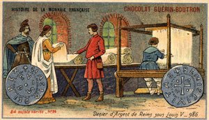 Series Histoire de la Monnaie Française published by Chocolat Guérin Boutron. Chromolithography 19th century. The Silver Denier of Reims under Louis V. in 986 av Unknown artist
