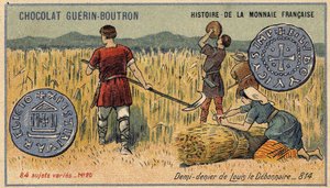 Series Histoire de la Monnaie Française published by Chocolat Guérin Boutron. Chromolithography 19th century. Half denier of Louis the Debonnaire in 814 av Unknown artist