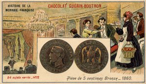 Serien History of the French Currency utgitt av Chocolat Guérin Boutron. 1800-talls kromolitografi. 5 cent bronsemynt i 1860. Napoleon III. av Unknown artist