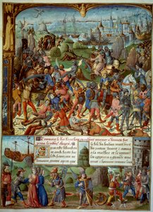 Syvende korstog (1248-1254). På toppen Louis IX (Saint Louis) (1215-1270), konge av Frankrike, med kryssene etter å ha blitt beseiret av saracenerne ved Mansourah i 1250. De trakk seg tilbake bak tårnene i Damaskus. Louis IX og hans to brødre blir tatt i p av Unknown artist