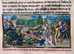 Syvende korstog: Kong Ludvig IX (Saint Louis) (1214-70) blir tatt til fange under slaget ved Mansourah i 1250 i Egypt, "Chronique abregee" av David Aubert 1250 Paris av Unknown artist