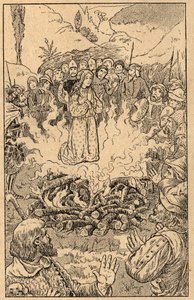 Hun holder seg midt i flammene... Den hellige rose av Viterbo (Rosa da Viterbo) (1233-1252). Gravering fra slutten av 1800-tallet. Privat samling. av Unknown artist