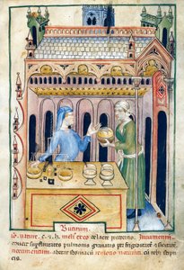 Butikk med smørbrød og to kvinner, illustrasjon fra Tacuinum sanitatis, opplyst manuskript, latinsk gjenutgivelse av et arabisk verk fra 1000-tallet av Unknown artist