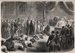 Siam-ambassadører kryper mot den franske imperiale familien under en høytidelig audiens i Fontainebleau i nærvær av Napoleon III (1808-1873), Eugenie (Eugenia de Montijo) av Unknown artist