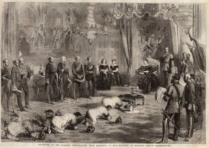 Siam-ambassadører krøp til dronning Victoria Iere (1819-1901) og prins Albert (1819-1861) under deres besøk på Windsor Castle. Gravering i "" The illustrated London News "" av 5. desember 1857. av Unknown artist