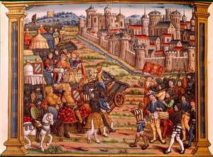 Beleiring av en by med bomber: Louis XI mot liegeoiserne. Miniatyren henter fra manuskriptet "" Les epitaphes des feux kings Louis XIth av dette navnet og fra Charles, hans sønn VIII med dette navnet som guden fraværende"" av Unknown artist