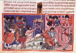 Beleiring av en befestet by. Miniatyr fra en kodeks om fakta om Jules Cesar (101 f.Kr.-44 f.Kr.) Venezia fra 1300-tallet, Biblioteca marciana av Unknown artist