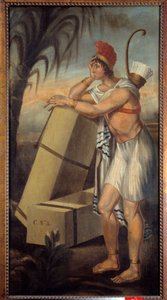 Tegn på tobakksforhandlere som representerer en amerikansk indianer lener seg på esker med tobakk som er klare til å sendes på skip som eksporterer New World-produkter. La Rochelle. New World Museum av Unknown artist