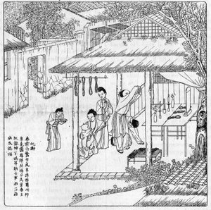 Silk and silk worm in China: thanks to the goddess of silk. Engraving in “” La Nature: revue des sciences et de leurs applications aux arts et a l