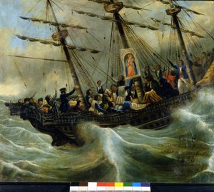 Senking av et sveitsisk emigrantskip. Ex voto fra 1856 fra helligdommen til Madonna del Sasso i Locarno. Maleri tilskrevet Giovanni Antonio Vanoni. av Unknown artist