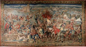 Sjette italienske krig (1521-1526): representasjon av slaget ved Pavia (Pavia) den 24/02/1525, hvor Francois I ble beseiret mot Charles V. Tapestry. Napoli. Museo Nazionale di Capodimonte. av Unknown artist