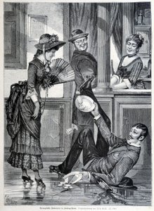 Skøytescene i et bryggeri. En gutt faller og knuser platene han hadde på seg (1883). av Unknown artist