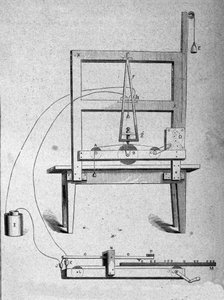 Skisse av den første telegrafen til den amerikanske oppfinneren Samuel Finley Breese Morse (1791-1872). Gravering fra 1800-tallet av Unknown artist