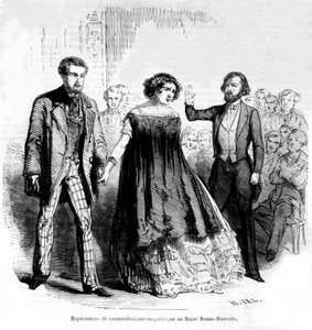 Søvngjengeropplevelser: magnetisme og hypnose ved Bazaar de la Bonne-Nouvelle, gravering fra 1885 av Unknown artist