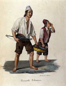 Liten metier av gaten: selgere av vandrefisk. Sicilia-gravering fra 1800-tallet av Unknown artist
