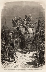 Høytidelig møte og håndholdt på ryggen til en elefant, mellom teamet av reisende og Maharajah of Chutterpore, på messen i Kajraha. Gravering for å illustrere reise i India av Rajahs, av Louis Rousselet, i 1864-1868, publisert i "" Le av Unknown artist