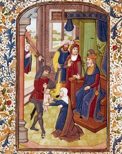 Salomos dom To kvinner later som de er mor til samme barn. Miniatyr fra et manuskript fra 1400-tallets Coimbra-bibliotek ved universitetet av Unknown artist