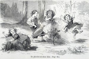 Sophie og vennene hennes planter syrin - i "The misfortunes of Sophie"" av grevinnen av Ségur, Hachette av Unknown artist