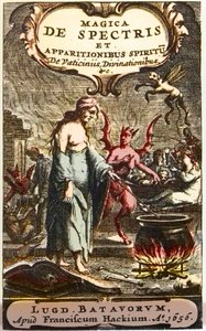 Trollkvinner som tilbereder eliksirer overvåket av djevler, frontispice fra ""Magic of specters and apparitions in spirit of prophecies and divination"", av Henningus Grosius av Unknown artist