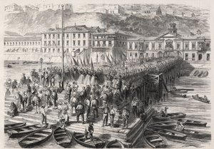 Søramerikansk Hispano-krig mellom Chile og Spania, september 1865: damene i Valparaiso, i nærvær av den spanske skvadronen som blokkerer havnen, synger patriotiske salmer - gravering i "" The Illustrous World" av Unknown artist