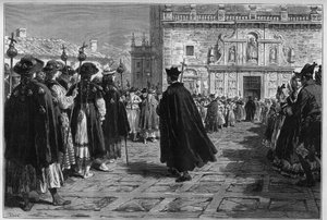 Spania 1880: festene til Santiago de Compostela (Santiago de Compostela), prosesjonen til pelerinene ved inngangen til basilikaen. av Unknown artist
