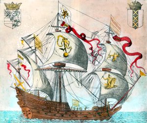 Spansk skip fra 1500-tallet. gravering fra 1500-tallet. BN, Paris. av Unknown artist