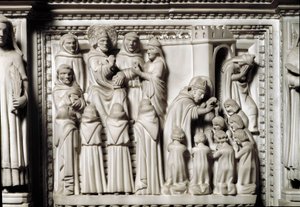 St Augustine ark med relikvier av helgenen, detalj av relieff som viser disputasen og dåpen av St Augustine. Marmor skulptur av Unknown artist