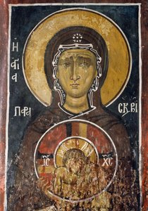 St Paraskevi, personifisering av langfredag med ikonet av Kristus av Høyeste Ydmykhet, freskomaleri (1332-1333), Den bysantinske kirken Vår Frue av Asinou (1100-tallet) (Unescos verdensarvliste, 2001) Troodos-fjellene, Kypros av Unknown artist