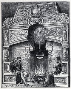 Steam and solar heat: Eolipyl fireplace, steam and reaction machine system originally designed by Heron of Alexandria (80 BC). Engraving in “” La Nature”” av Unknown artist