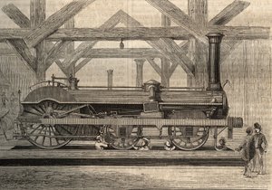 Damplokomotivmodell, Crampton-system ved navn Thomas Russell Crampton (1816-1888). Gravering fra 1856. av Unknown artist