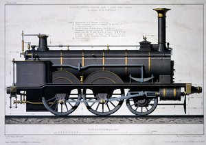 Damplokomotiv av Mulhouse Railway - tegning i vask av Unknown artist