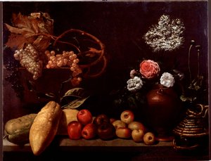 Stilleben med roser, buskblomster, sitroner og druer (maleri av Unknown artist