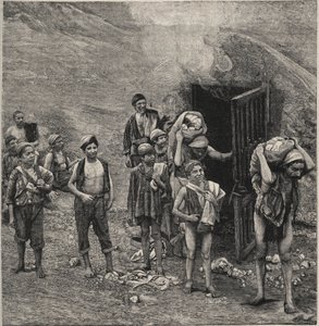 Svovelutvinning (Zolfara) på Sicilia, tegning av Unknown artist